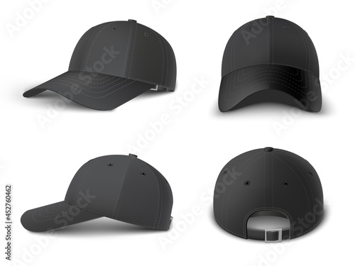 Realistic Black cap Mockup, realistic 3D. Hat blank template. Black Baseball caps, vector mockup set.