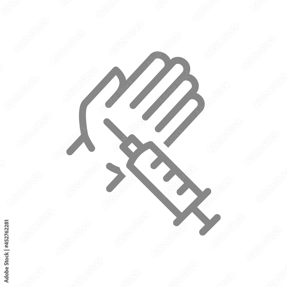 Medical syringe and hand line icon. Vaccination, make an injection , treatment