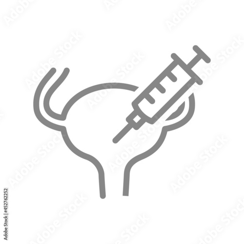 Medical syringe and bladder line icon. Bladder catheter, urinary tract infection, treatment, cystitis