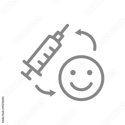 Medical syringe and happy face line icon. Vaccination, consequences of vaccination, vaccine evaluation, positive feedback