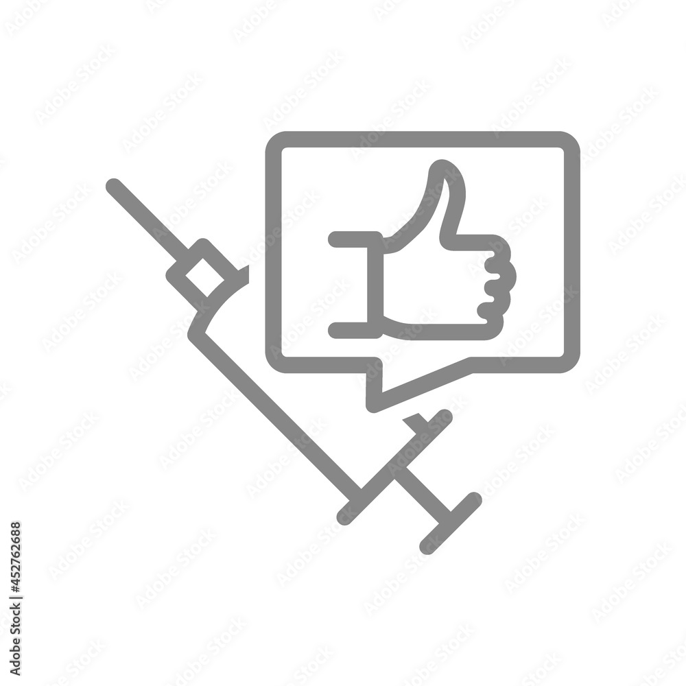Medical syringe and speech bubble with thumb up line icon. Vaccination, vaccination information, immunization, vaccine evaluation Medical syringe and speech bubble with thumb up line icon. Vaccination, vaccination information, immunization, vaccine evaluation