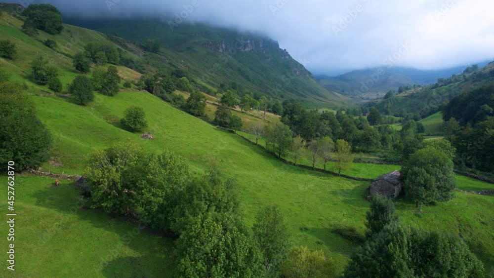 Spring landscape of mowing meadows and cabins in the Miera River Valley. La Concha. Valles Pasiegos, Cantabria, Spain, Europe Spring landscape of mowing meadows and cabins in the Miera River Valley. La Concha. Valles Pasiegos, Cantabria, Spain, Europe