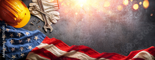 Labor Day - National Holiday - Helmet And Tools With American Flag