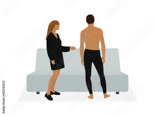 Male character in underpants and female character in dress near sofa on white background