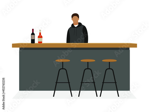 Bar table with two bottles of alcohol and bartender on white background