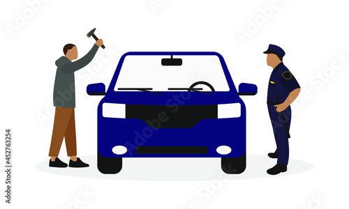 A male character is waving a hammer at a car while a police officer is looking at it on a white background
