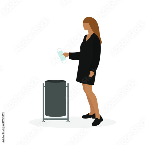 Female character throwing medical mask into trash can on white background