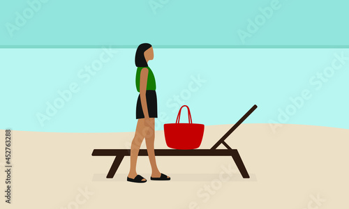 Female character in summer clothes stands near a sun lounger on the beach