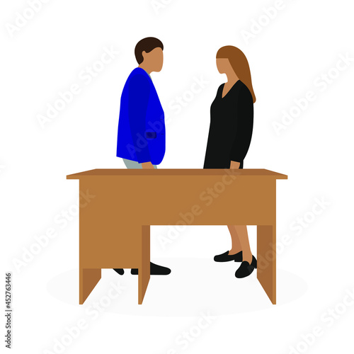 Male character and female character are talking near a desk on a white background