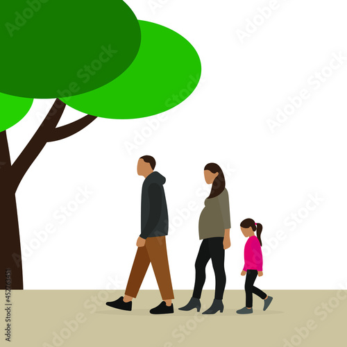 Male character, pregnant female character and little girl walking one after another outdoors