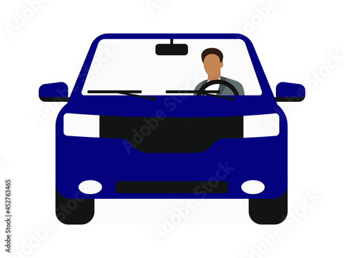 Blue car with driver on white background