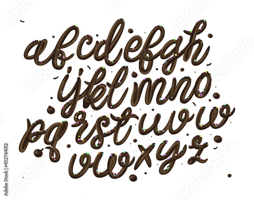 Vector letters made of dark melted chocolate. Liquid 3d font style isolated on white background. Dessert sweet alphabet. Chocolate decorative typography for poster, food label, logo. 