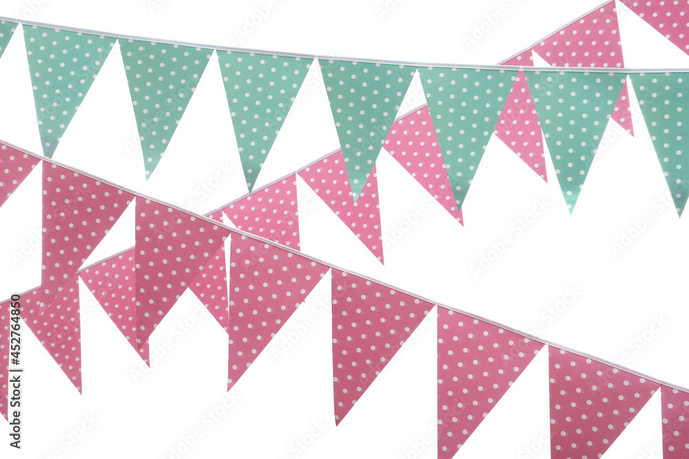 Obraz premium Rows of triangular bunting flags on white background. Festive decor