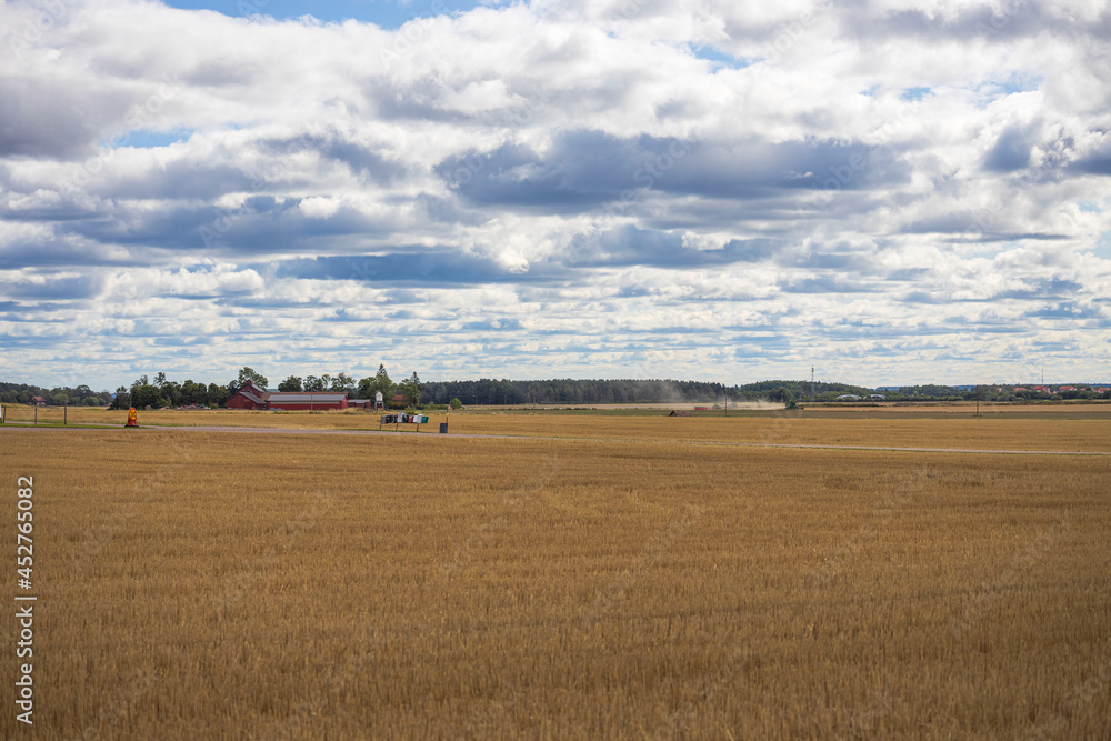 Beautiful nature landscape view of field after harvesting under cloudy summer sky. Sweden. 
