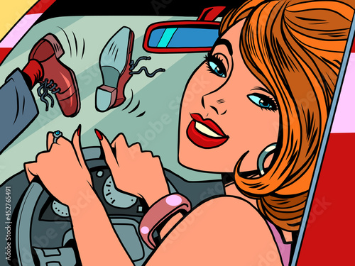 A beautiful female driver was distracted on the road and hit a pedestrian. Road accident