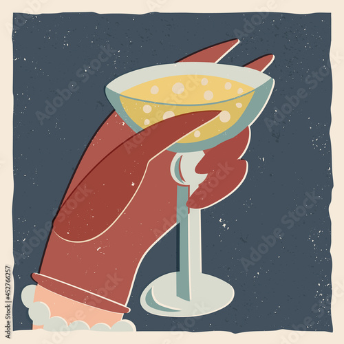 Mid century Christmas, New Year greeting card design. Lady's hand in a red silk glove holding a champagne glass.