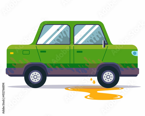 leaking car oil from a vehicle. minor repairs in the sedan. flat vector illustration