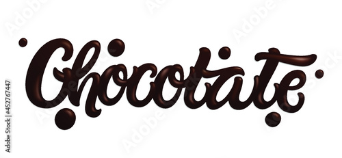 "Chocolate" hand drawn lettering design for advertising, poster, packaging, menu, cafe, etc. Liquid dark chocolate isolated on white background.