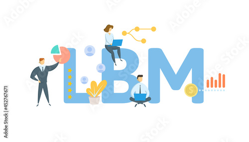 LBM, Lumber and Building Material. Concept with keyword, people and icons. Flat vector illustration. Isolated on white.
