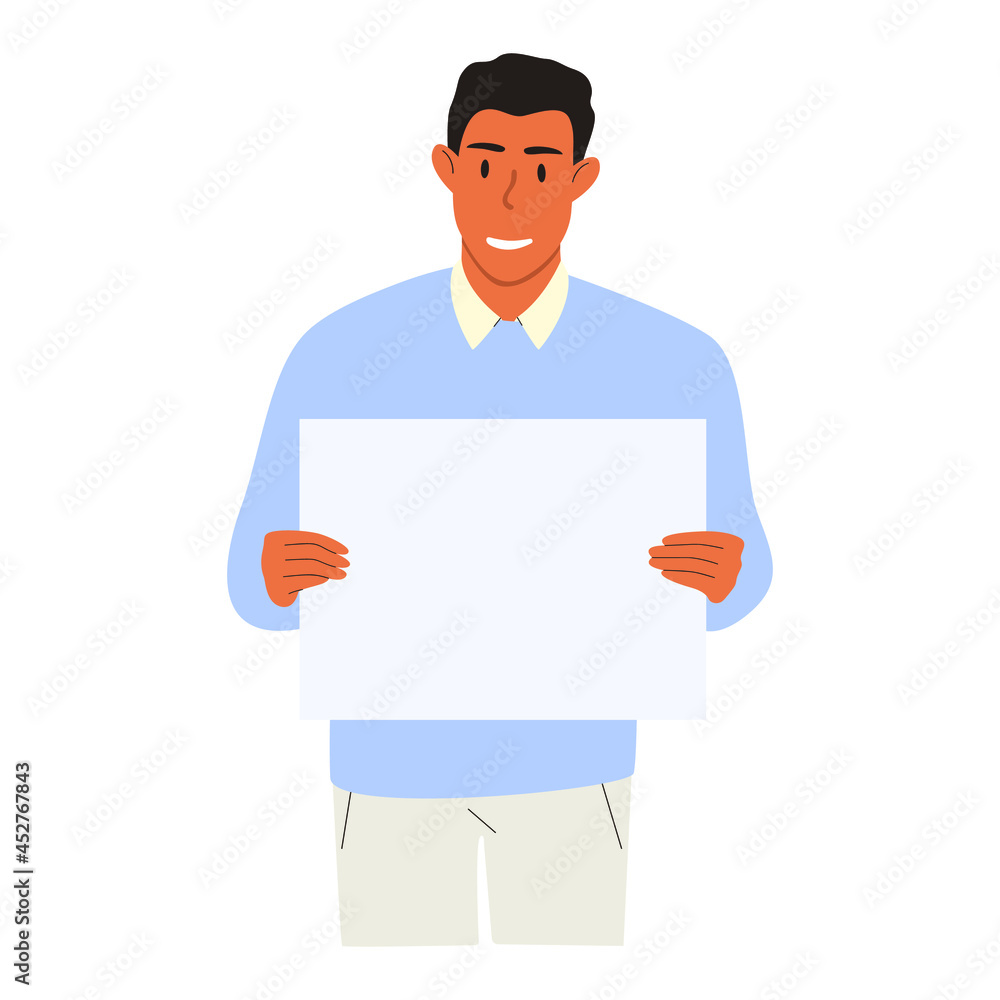 A flat vector cartoon illustration of a man holding an empty poster with space for text. Isolated design on a white background. A flat vector cartoon illustration of a man holding an empty poster with space for text. Isolated design on a white background.