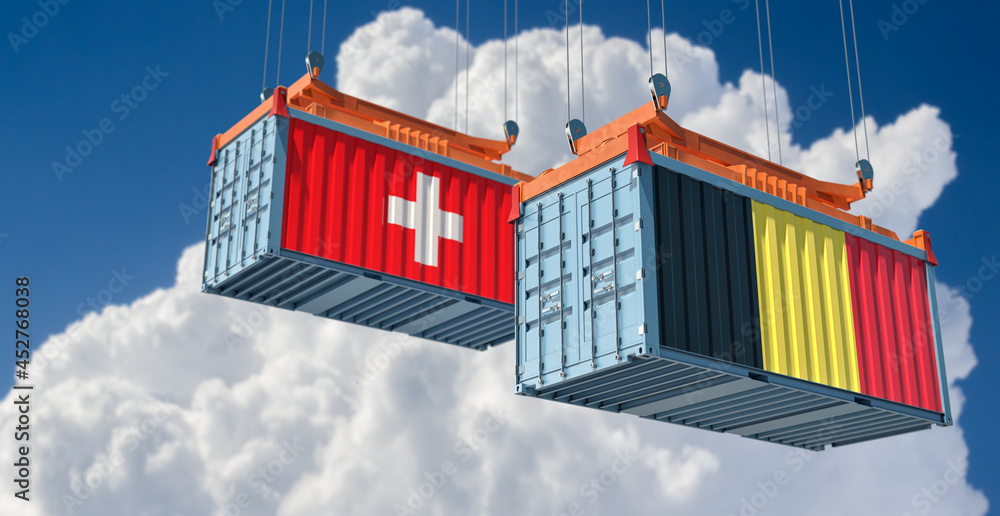 Freight containers with Belgium and Switzerland national flags. 3D Rendering 