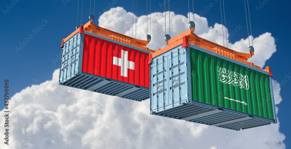 Freight containers with Saudi Arabia and Switzerland national flags. 3D Rendering 