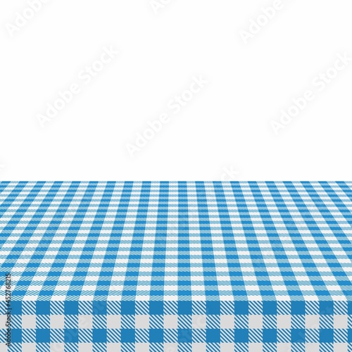 The picnic table is covered with a checkered tablecloth. White blue gingham textile. Clean surface with textile, template for ad restaurant cafe menu vector banner. Vector illustration