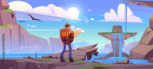 Traveler with map at mountain waterfall landscape with beautiful lake and rocks under blue cloudy sky with birds flying. Traveling journey, adventure. Man tourist hiking, Cartoon vector illustration