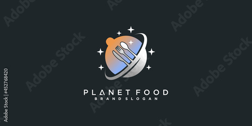 Creative food planet logo design with food symbol combined with planet, and star for restaurant Premium Vector