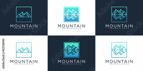 Set of mountain logo design colection with blue gradient line art style Premium vektor