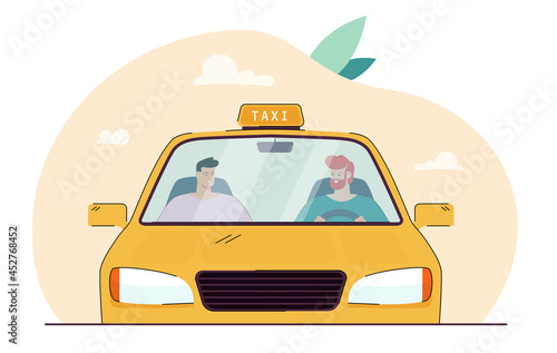 Cartoon taxi driver talking to passenger behind windscreen. Male characters driving in yellow car flat vector illustration. Taxi service, transportation concept for banner or landing web page