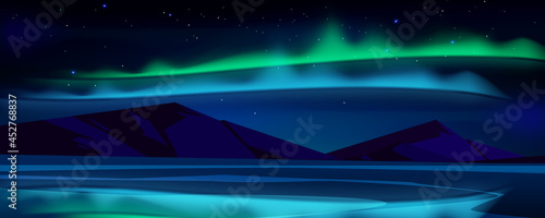 Night landscape with aurora borealis in sky, lake and mountains on horizon. Vector cartoon illustration of green and blue northern lights and stars in winter sky above arctic sea