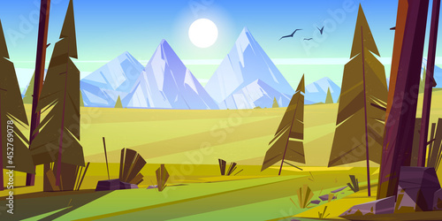 Cartoon nature landscape with mountain, green field and conifers trees, rocks and forest under blue sky with bright shining sun, scenery view background, summer or spring wood, vector illustration