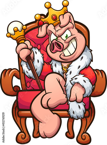 King pig with evil smile sitting on throne. Vector clip art illustration with simple gradients. All on a single layer.
