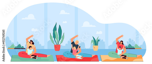 Group of moms with babies doing yoga exercises. Mothers and children exercising on yoga mats flat vector illustration. Family, healthy lifestyle, sports concept for website design or landing web page