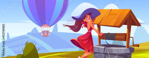 Summer landscape with fields, stone well, hot air balloon and beautiful girl in hat. Vector cartoon illustration of woman and old well with wooden roof and bucket in countryside