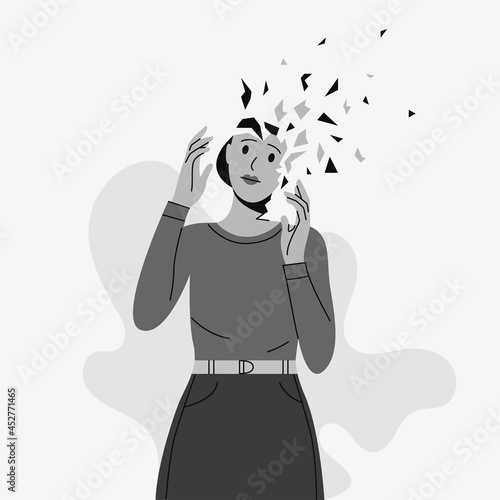 Woman suffering from mental disorder trendy flat illustration. Dissociation, derealization banner design. Depression, BPD, BPAD, schizophrenia background. Mood swings, obsessive thoughts, psychosis
