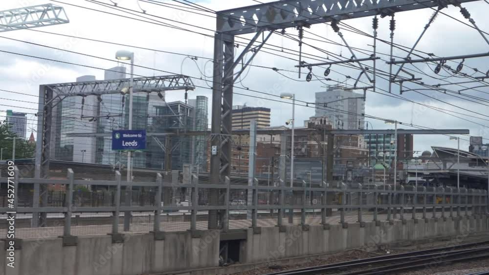 Train journey to Leeds City by railroad window view Train journey to Leeds City by railroad window view