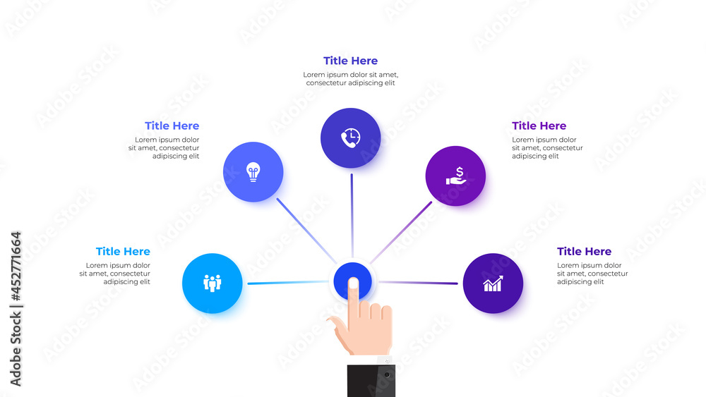 Businessman hand presses a button. Concept of six options of business project management. Vector illustration for infographic visualization Businessman hand presses a button. Concept of six options of business project management. Vector illustration for infographic visualization