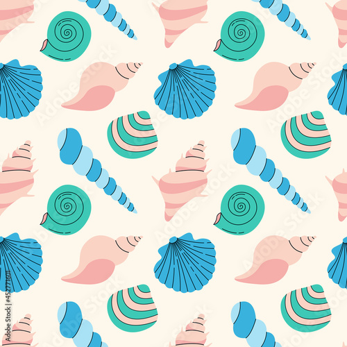 Aquatic aesthetic seamless pattern vector illustration. Seashells and underwater wildlife texture design. Beach background. Summer wrapping.