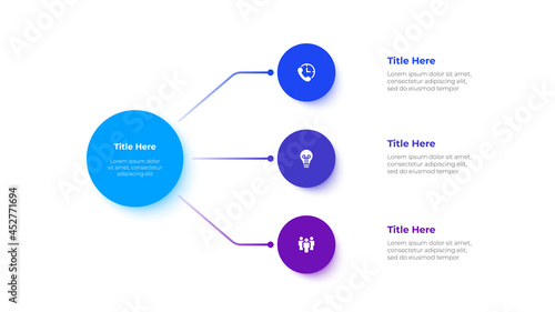 Flow chart diagram with circle elements. Concept of business project hierarchy visualization with 3 options. Infographic design template