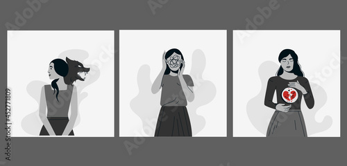 Woman suffering from mental disorder trendy flat illustration. Dissociation, derealization banner design. Depression, BPD, BPAD, schizophrenia background. Mood swings, obsessive thoughts, psychosis
