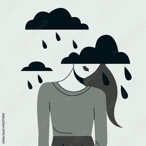 Woman suffering from mental disorder trendy flat illustration. loss, despair, grief, helplessness, disappointment banner design. Depression, BPD, BPAD background. Mood swings