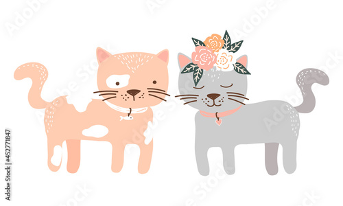 Beatiful pair of  cats. Kitty in a flower wreath. Cute  home pets. Vector illustration. Baby print