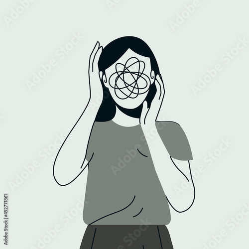 Woman suffering from mental disorder trendy flat illustration. Dissociation, derealization banner design. Depression, BPD, BPAD, schizophrenia background. Mood swings, obsessive thoughts, psychosis
