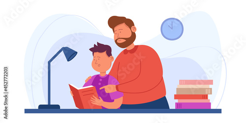 Cartoon dad and son doing homework together. Flat vector illustration. Father helping small child, teaching him, reading book at home. Family, education, school, reading concept for banner design