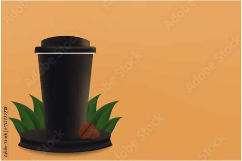 a cup with two seeds and a leaf on the podium. There is an empty space on the side. realistic vector