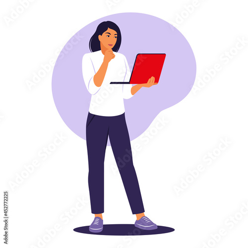 Woman standing with laptop. Office worker, remote job concept. Vector illustration. Flat.