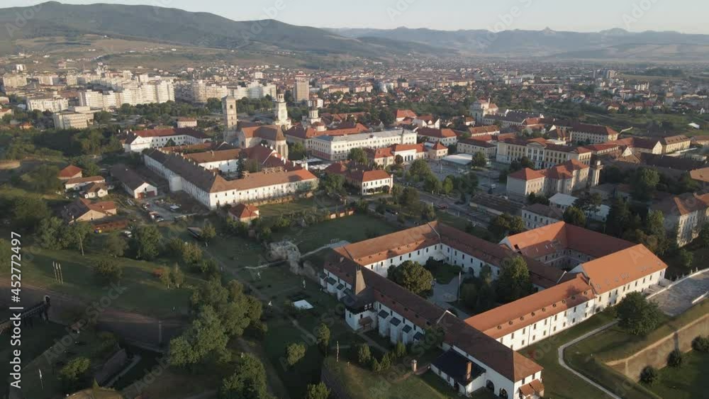 Alba Carolina Citadel, drone view revealing fortress layout; Alba Iulia, Romania Alba Carolina Citadel, drone view revealing fortress layout; Alba Iulia, Romania