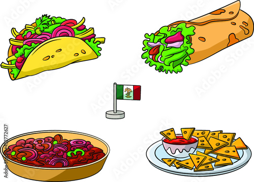 Cartoon vector illustration of a Mexican foods assortment